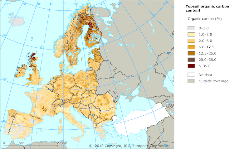 Percentuale di carbonio organico contenuto nei suoli (0-30 centimetri) in Europa. Le aree più scure corrispondono a suoli con alti valori di carbonio